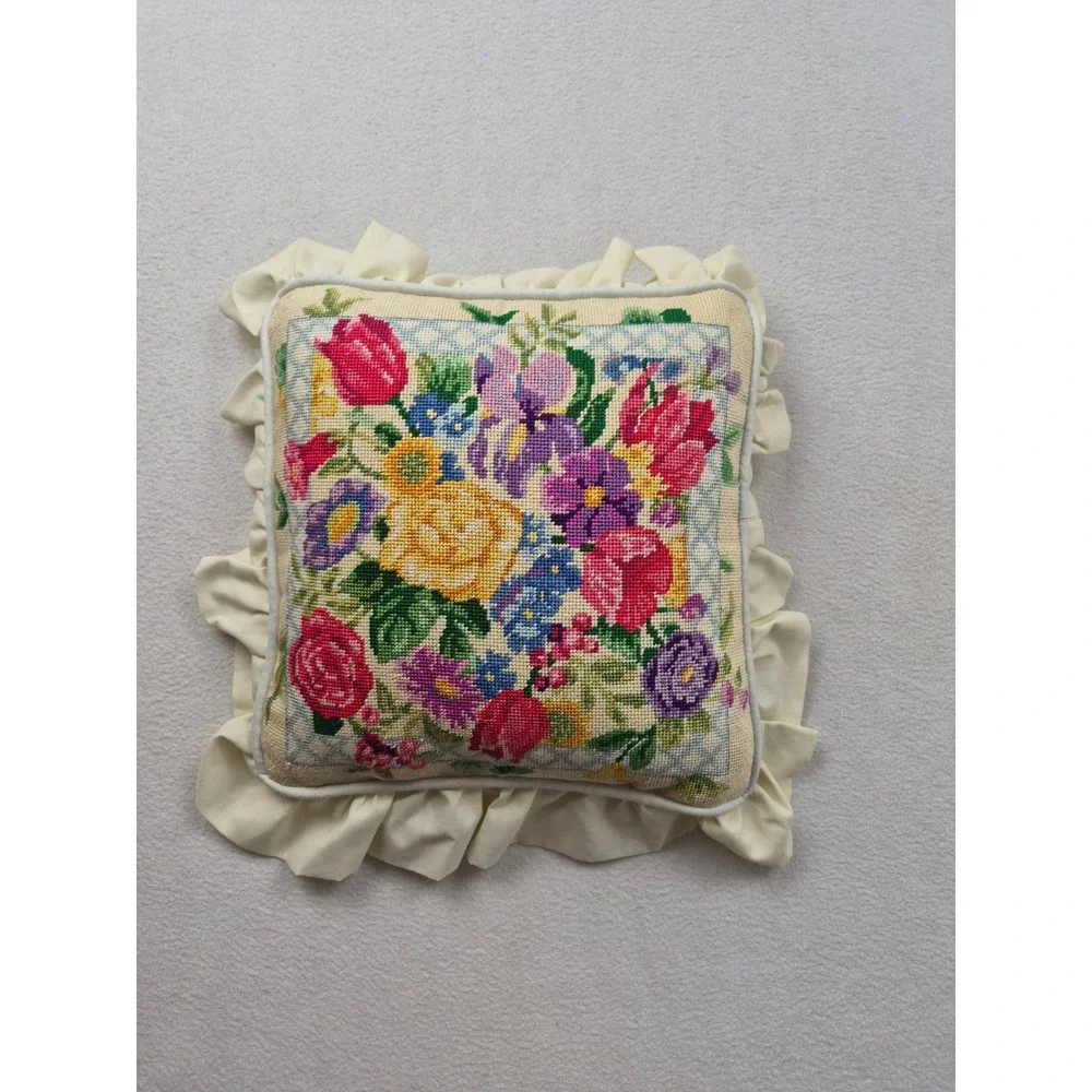 Vintage Floral Needlepoint Throw Pillow Cream Ruffled Edge Cottagecore 11x11